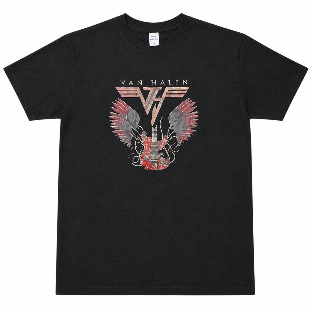 Van Halen Mens Black Graphic T-Shirt Winged Guitar Rock Band Tee Large